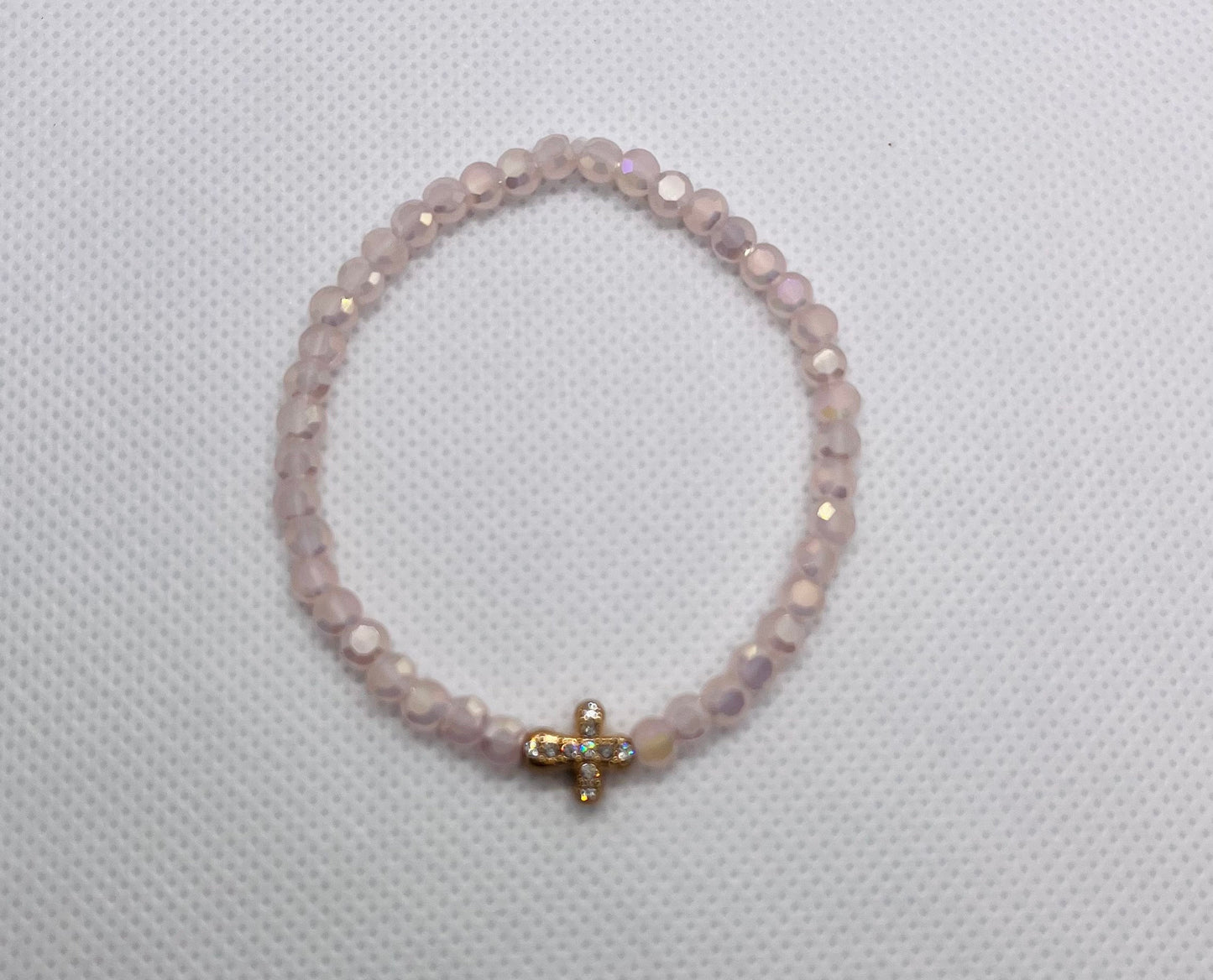 Pink crystal glass beads bracelet with gold cross, handmade bracelet, beaded bracelet, womens bracelet, spiritual bracelet, pink bracelet