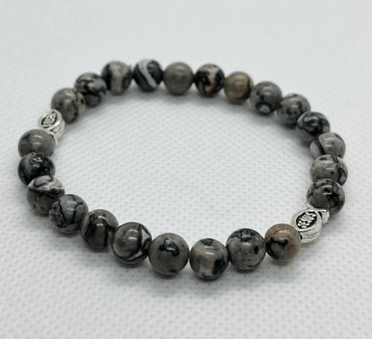 Gray Marble Jesus Fish Bead Bracelet - Spiritual Christian Jewelry