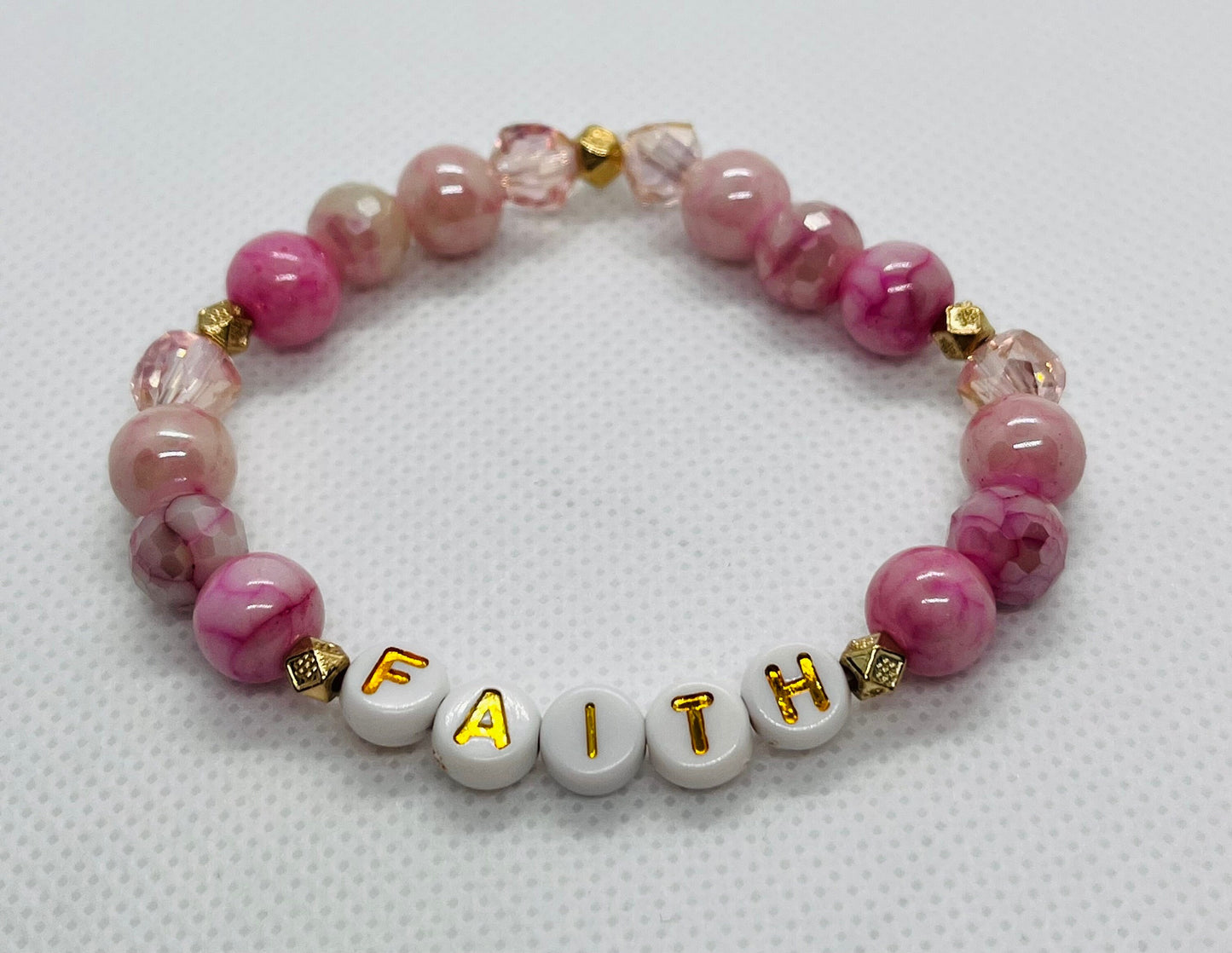 Rose pink Faith crystal marble bracelet, unique bracelet, womens bracelet, beaded bracelet, pink bracelet, religious bracelet, stone