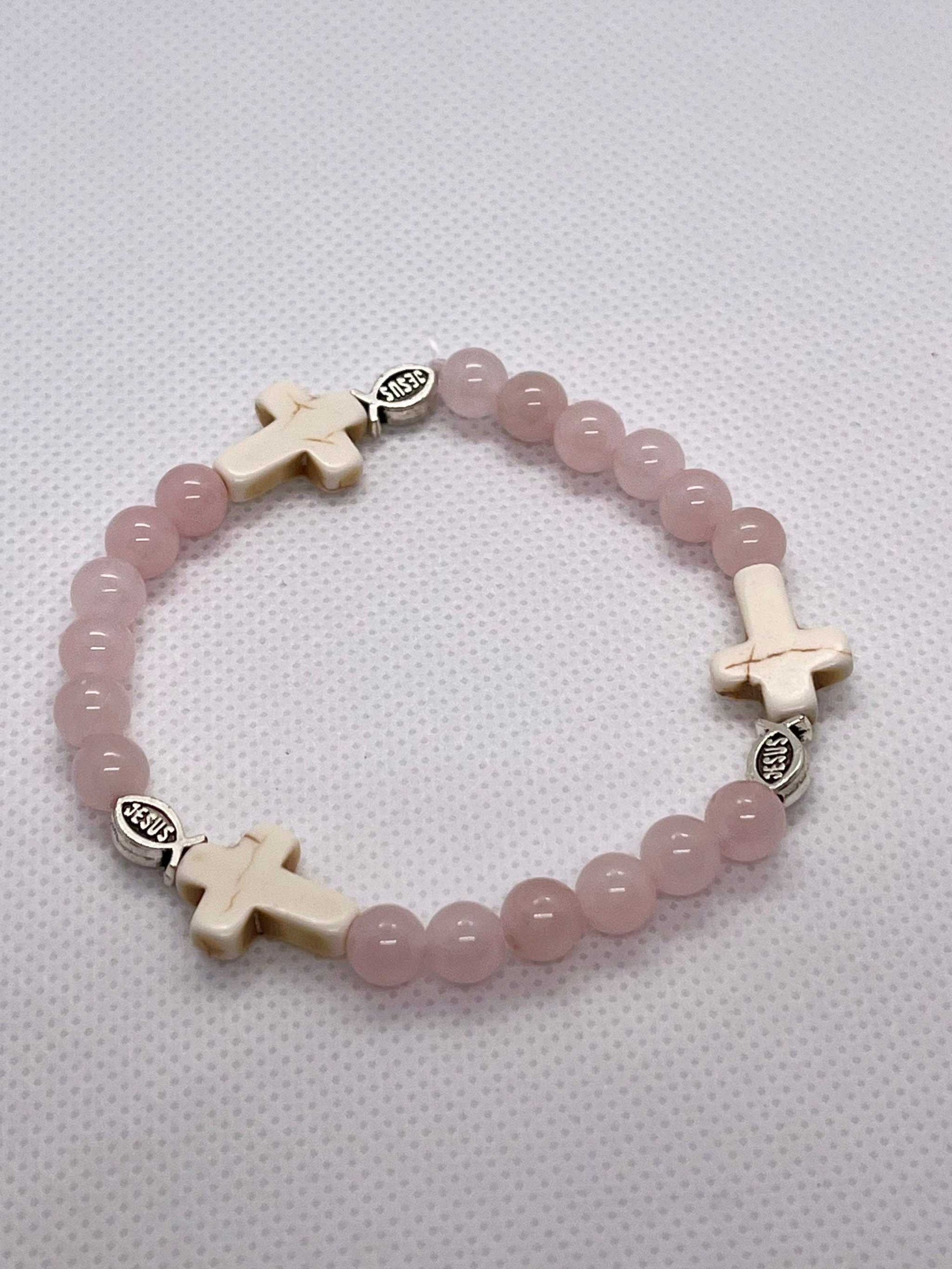 Rose Quartz Bead Bracelet with Jesus Fish and Cross Charms – Christian Jewelry

