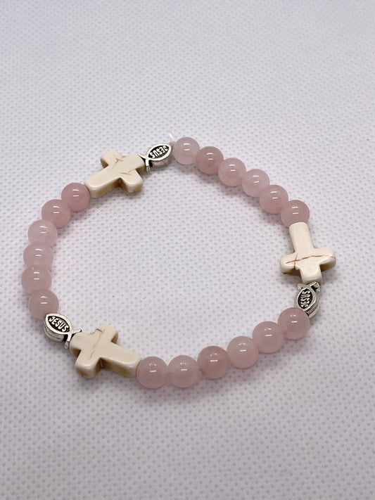 Rose quartz stone bead bracelet with Christian Jesus fish and cross charms