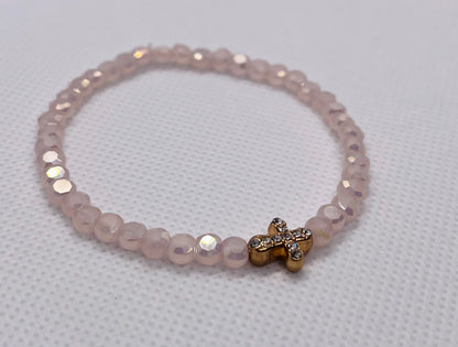 Pink crystal glass beads bracelet with gold cross, handmade bracelet, beaded bracelet, womens bracelet, spiritual bracelet, pink bracelet