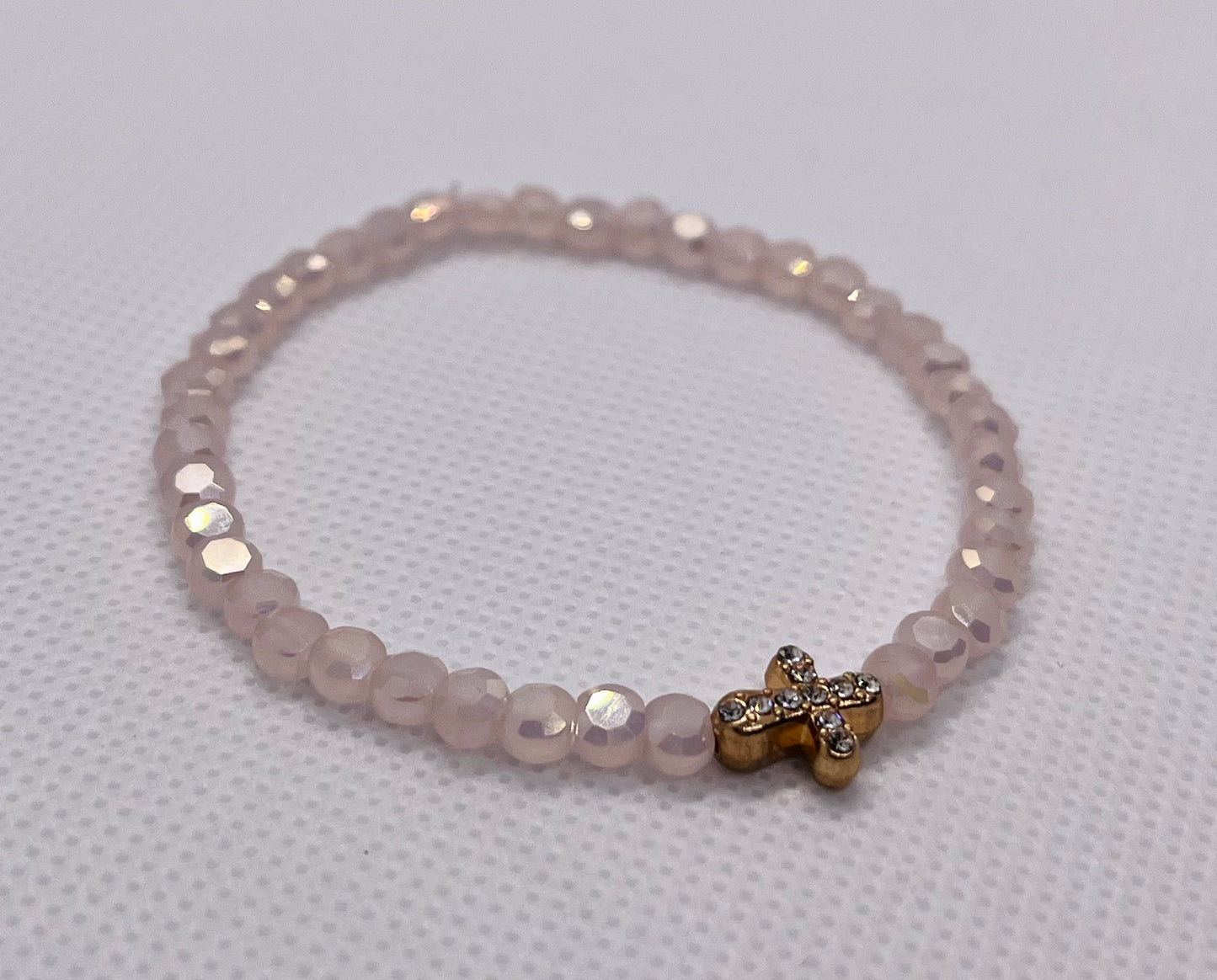 Pink crystal glass beads bracelet with gold cross, handmade bracelet, beaded bracelet, womens bracelet, spiritual bracelet, pink bracelet