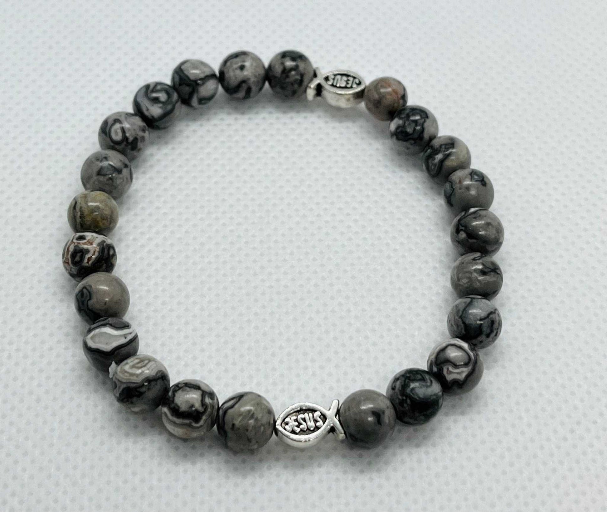 Gray Marble Jesus Fish Bead Bracelet - Spiritual Christian Jewelry