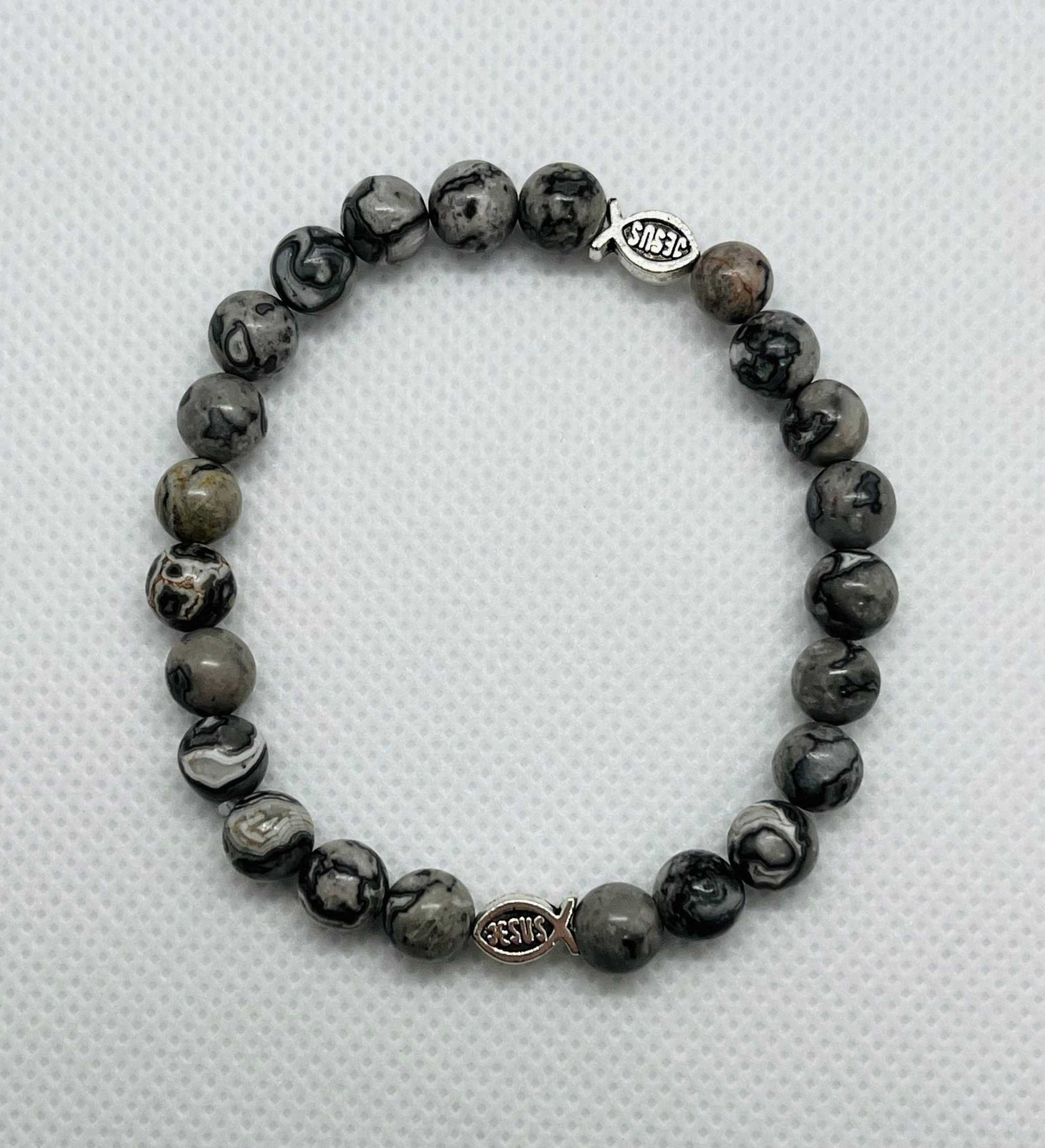 Gray Marble Jesus Fish Bead Bracelet - Spiritual Christian Jewelry