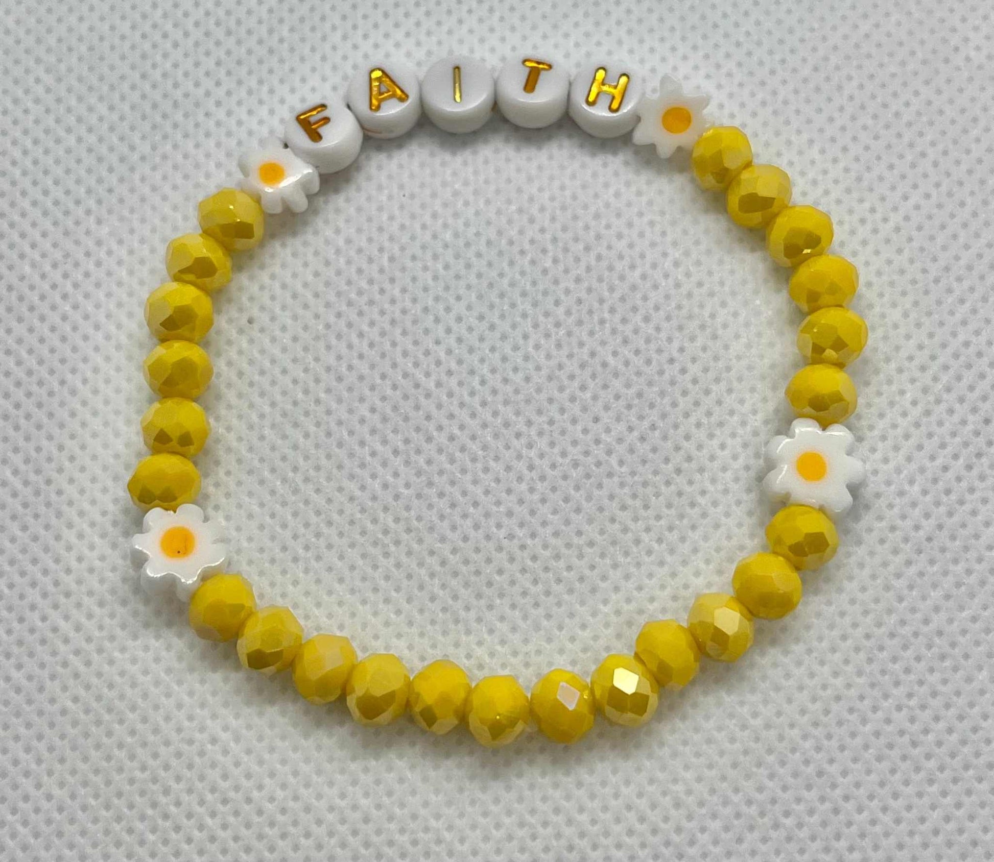 Yellow glass faceted FaitYellow Faceted Faith Healing Bracelet showcasing vibrant yellow beads, perfect for adding a touch of healing and faith-inspired style to your jewelry collection.h bracelet with daisies, spiritual bracelet, bracelet for women, healing bracelet, minimalist bracelet handmade